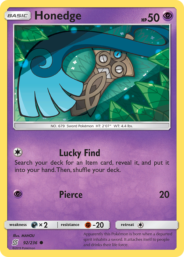 pokemon honedge card SM Forbidden Light Card: - 47/131 - Reverse Holo Metal Metal Ambush (10+) Flip a coin Honedge - 92/236 (Reverse Foil)